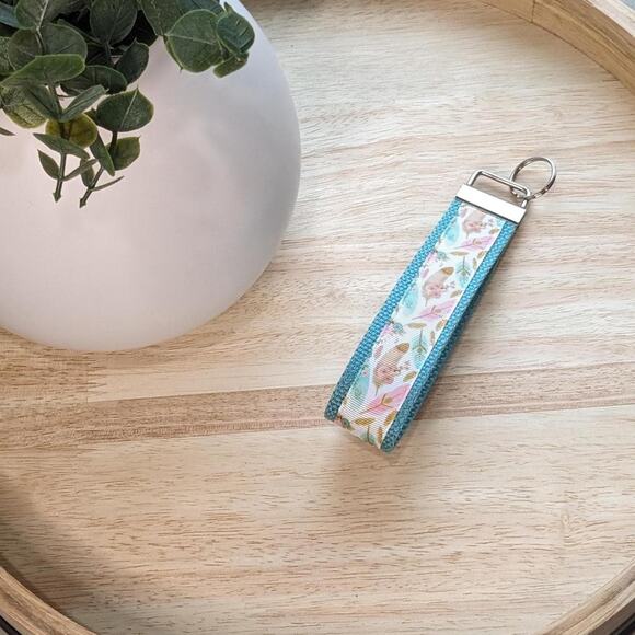 Feather Keychain Wristlet Handmade Boho Fabric Key FOB Sturdy Farmhouse Teal - Picture 2 of 7